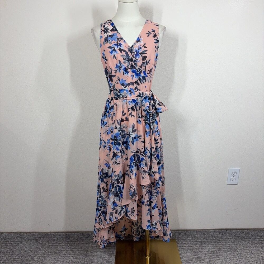 Eliza J Dress Womens 4 Pink Floral Chiffon Faux Wrap Hi Low Ruffle Party Wedding